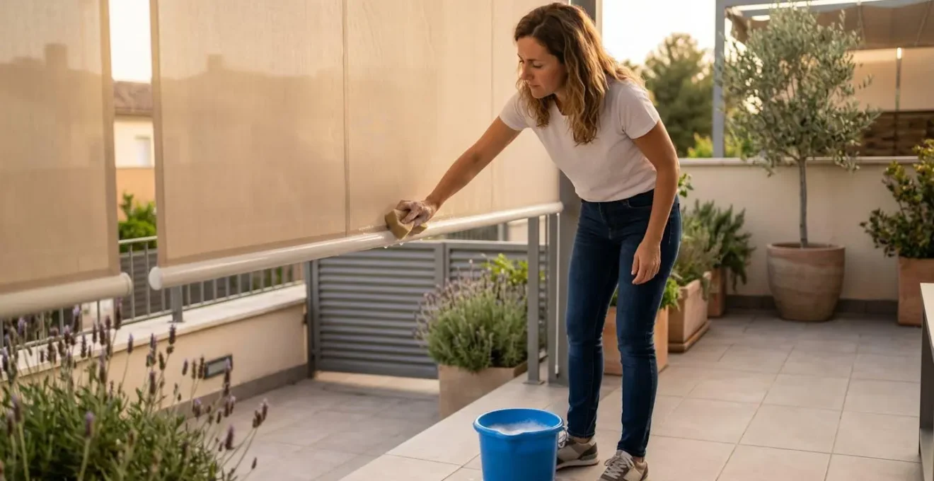 Femme nettoyant une toile de store enrouleur extérieur avec éponge douce et eau savonneuse sur terrasse contemporaine en fin d'après-midi