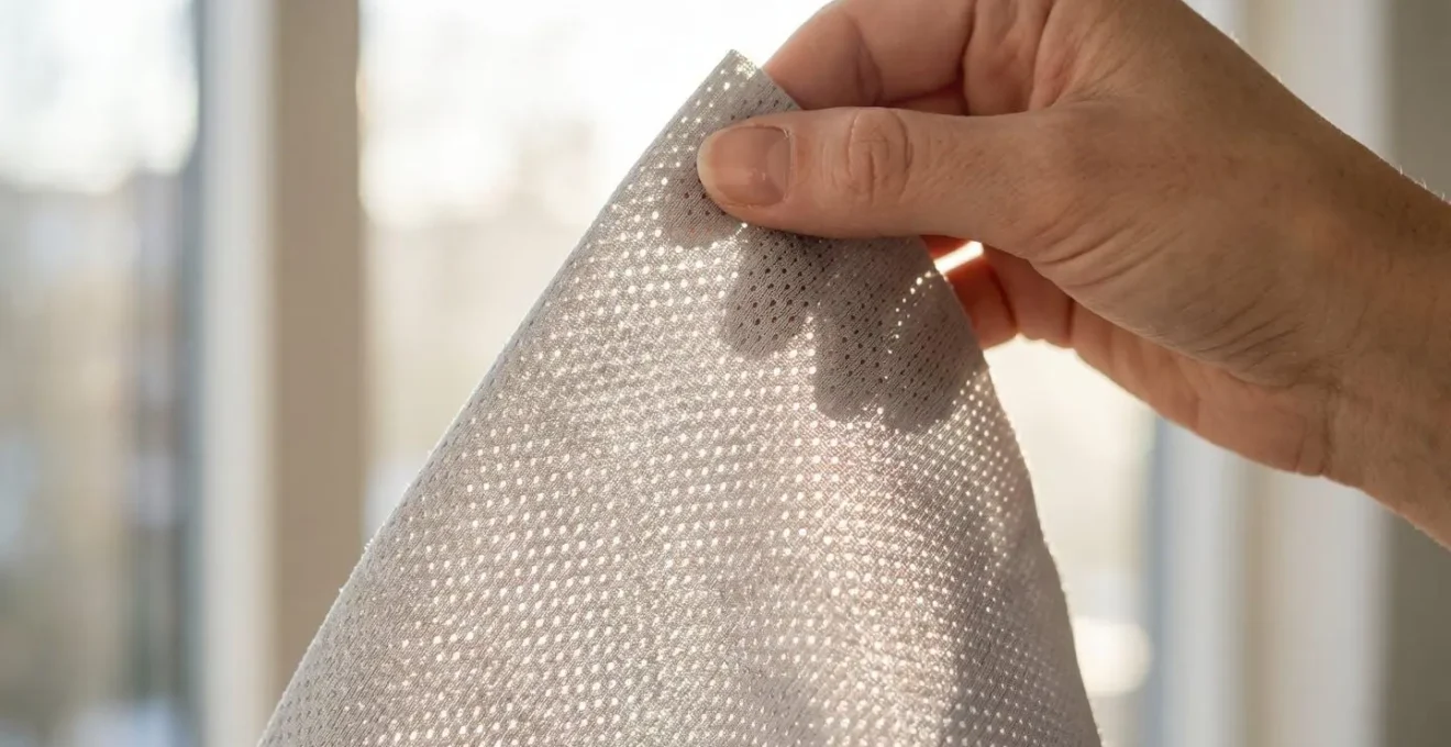 Gros plan sur échantillon de toile micro-perforée pour store extérieur tenu à contre-jour, perforations visibles laissant passer la lumière naturelle