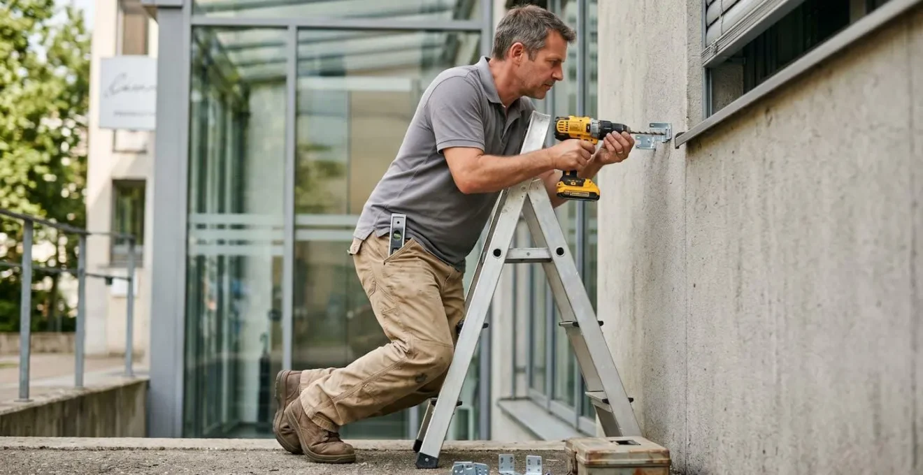 Homme installant un store enrouleur extérieur en perçant un mur béton pour fixer les supports, échelle stable, outils professionnels