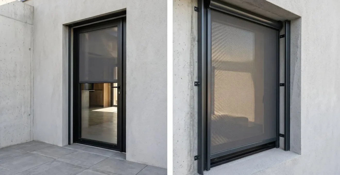 Store enrouleur extérieur déployé devant une baie vitrée moderne sur façade résidentielle contemporaine, toile micro-perforée tendue dans les coulisses latérales